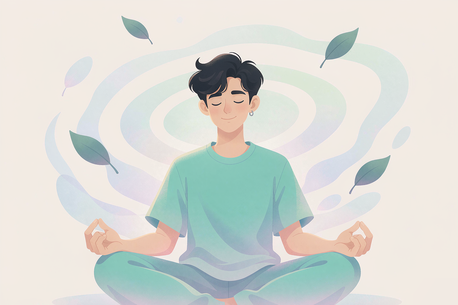 静坐冥想的人物与向外扩散的呼吸波纹